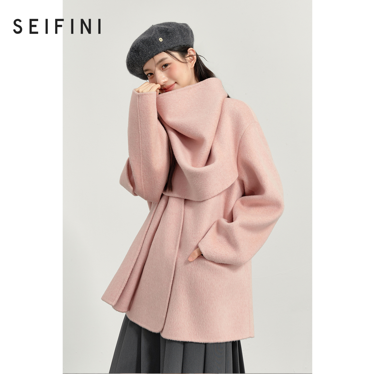 【0元入会1件9折】诗凡黎全羊毛围巾领毛呢外套女伊芙丽outlets店