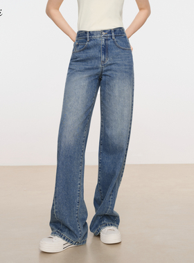 伊芙丽outlets店美式复古蓝色牛仔裤春秋棉混纺高腰直筒长裤女