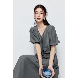短袖 2024夏新款 诗凡黎灰色莱赛尔衬衫 衬衣3F5220831 商场同款