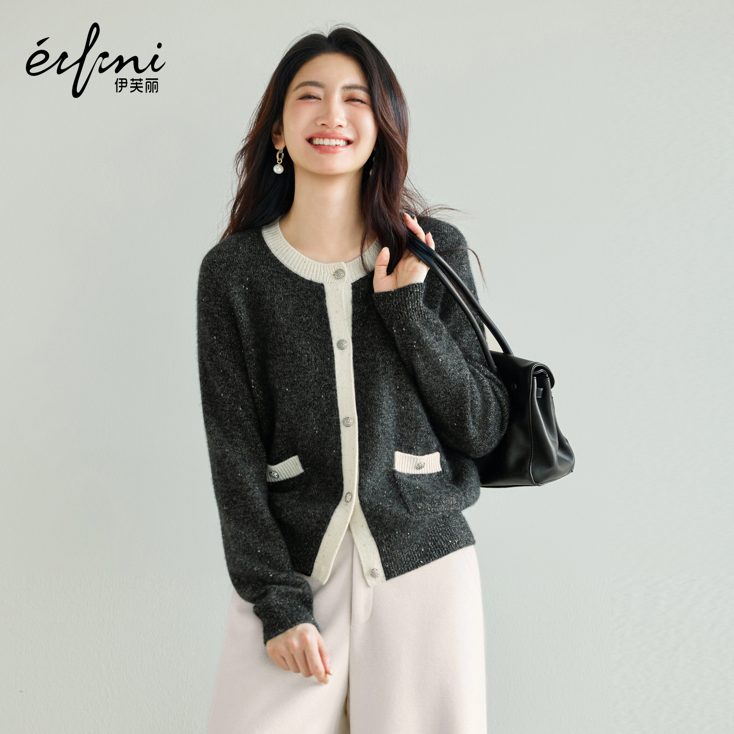 蒋欣代言伊芙丽圆领小香风羊绒撞色针织开衫毛衣女2025冬季新款