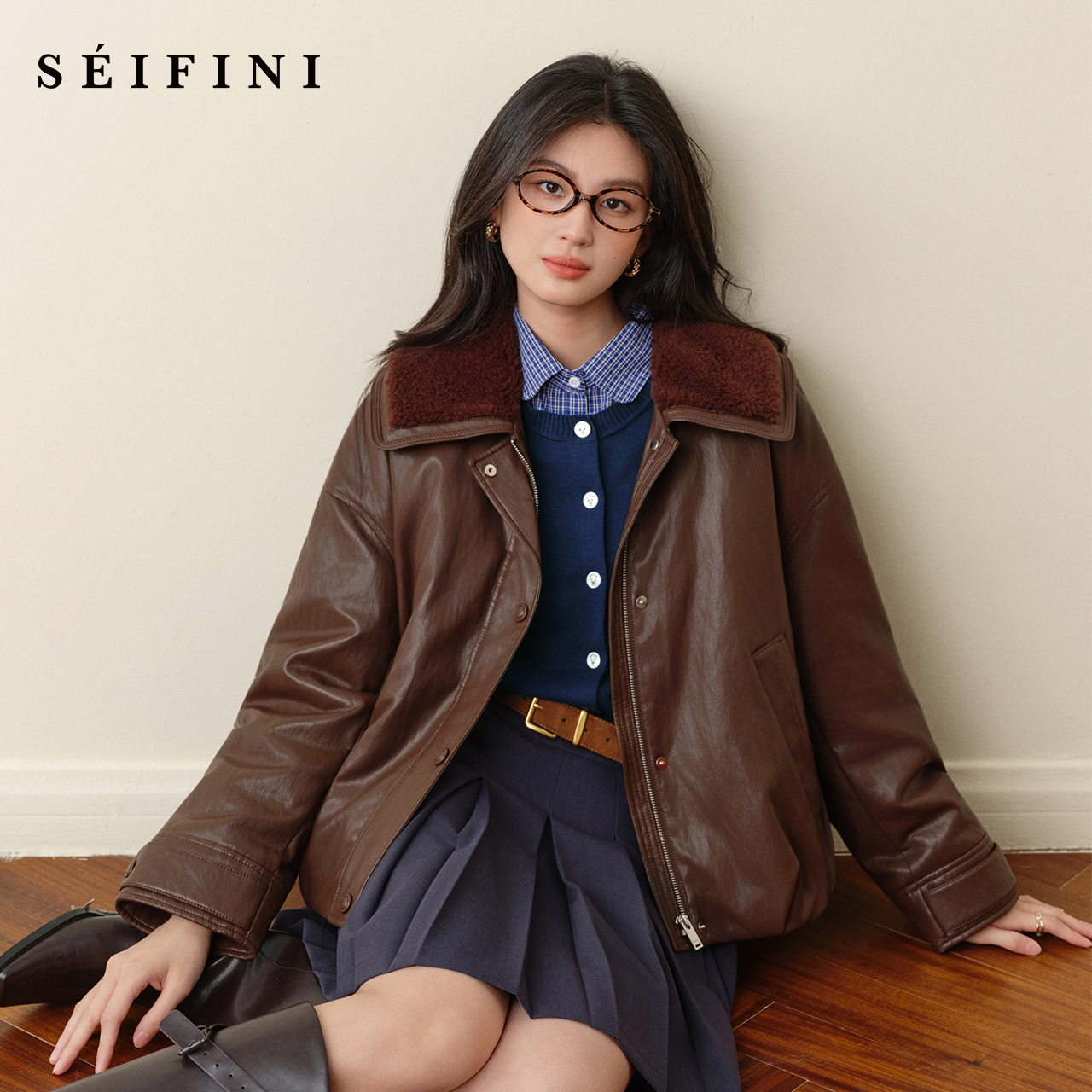 孟子义诗凡黎仿羊羔毛领蛋白皮衣外套宽松短款2025秋冬轻薄羽绒服