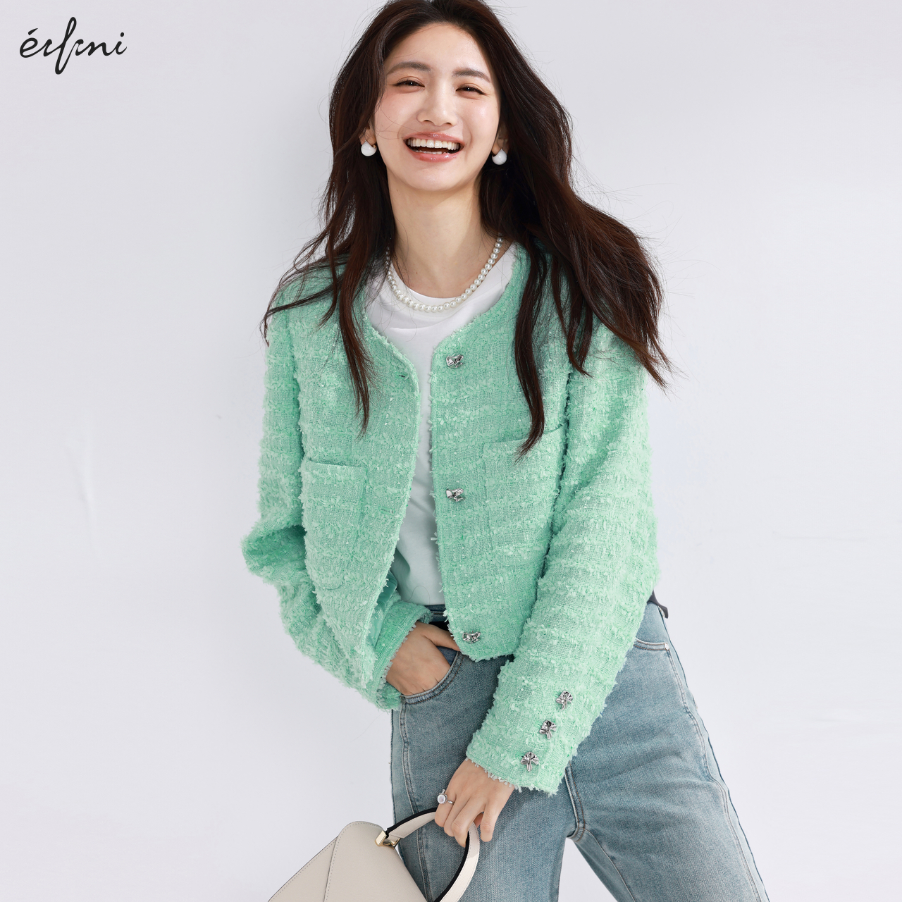 伊芙丽清新薄荷绿独特超好看时尚通勤职场休闲小香风短外套上衣女