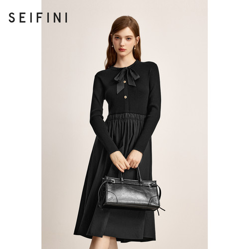 【商场同款】诗凡黎圆领拼接连衣裙2024冬新款小黑裙女3FA692651