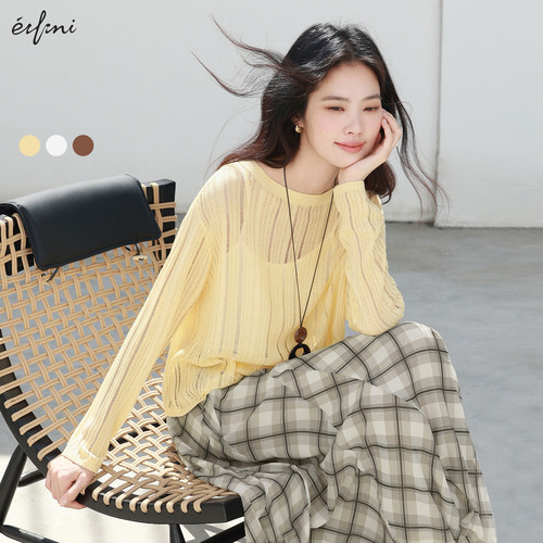 伊芙丽outlets店圆领坑条轻薄仿麻落肩长袖罩衫针织套头衫上衣女