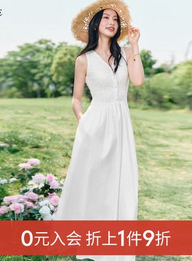伊芙丽outlets店淡人白色蕾丝拼接马甲式假两件背心连衣裙春夏女
