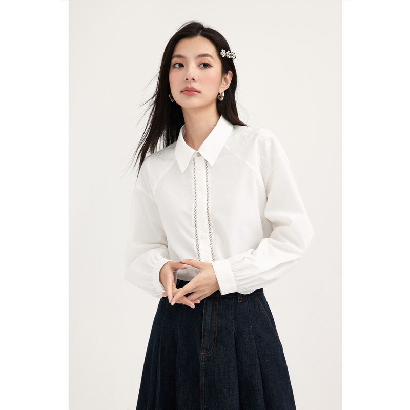 诗凡黎淡人白色长袖衬衫春夏法式绣花衬衣上衣女伊芙丽outlets店