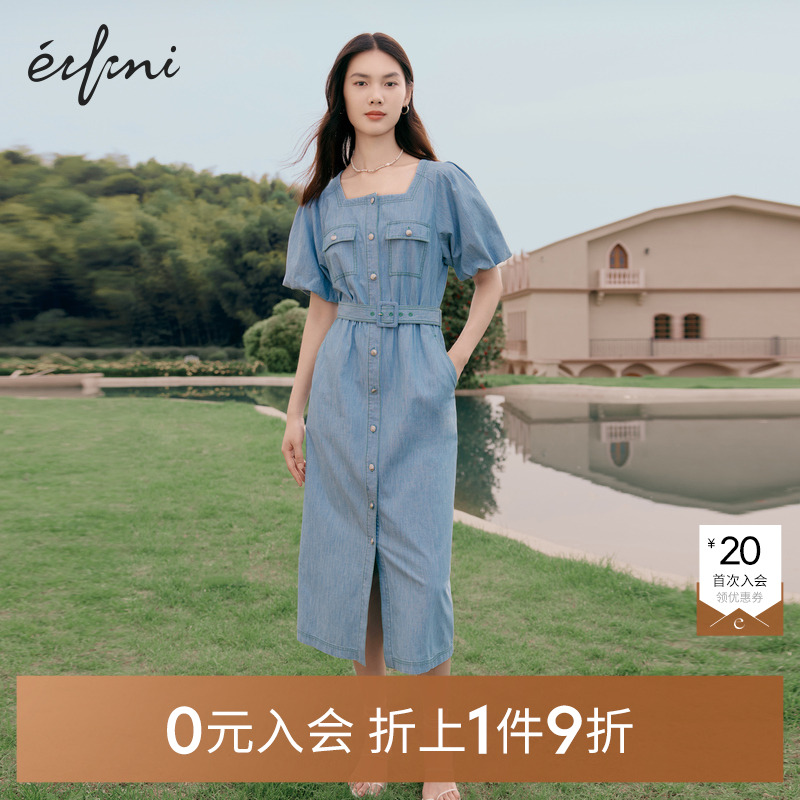 复古泡泡袖牛仔连衣裙伊芙丽