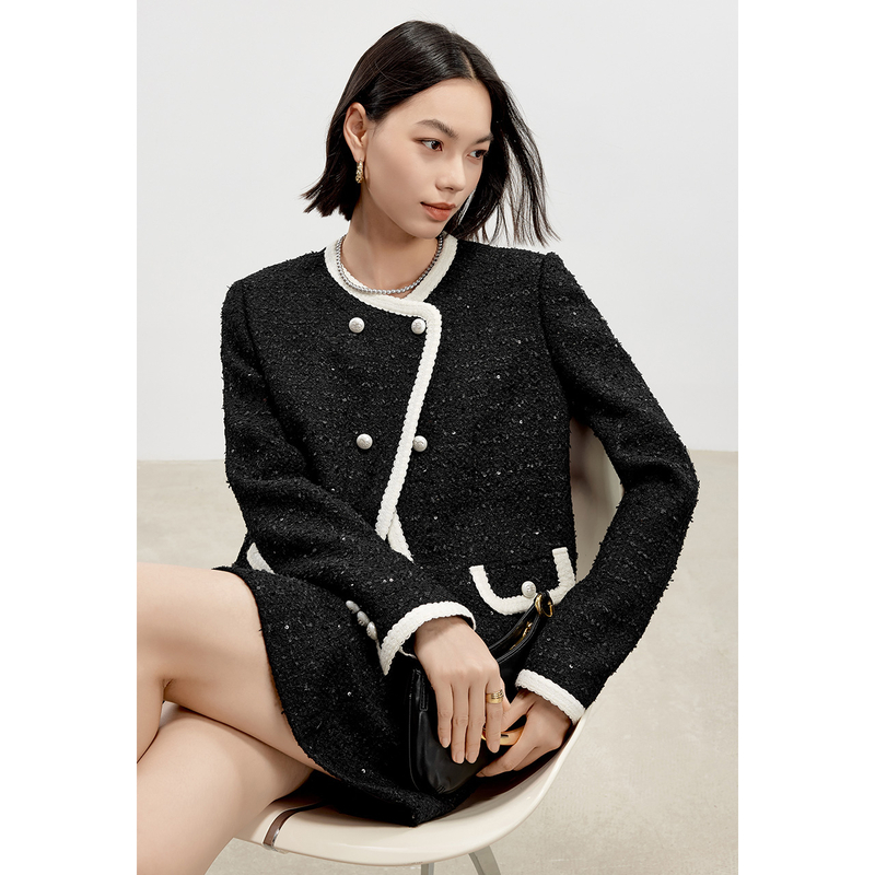 伊芙丽outlets店轻奢珠片蝴蝶纱撞边设计黑色小香风外套春秋女