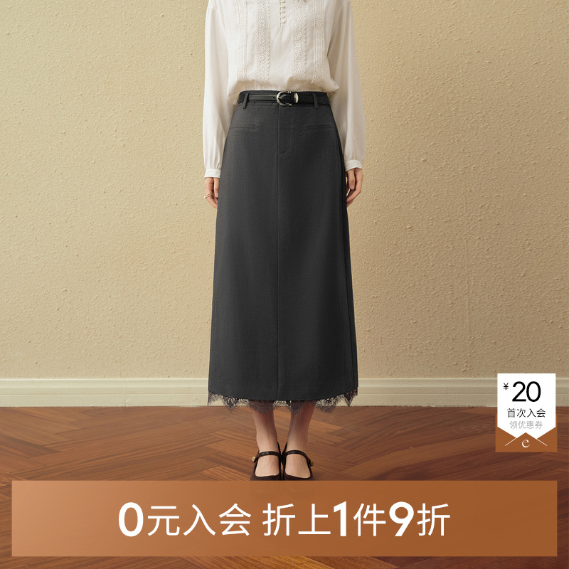 诗凡黎H型蕾丝拼接开叉半身裙25秋通勤显瘦包臀裙伊芙丽outlets店