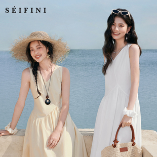 连衣裙不规则腰线花苞裙伊芙丽outlets店 诗凡黎V领无袖 送发圈