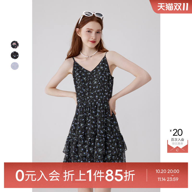 诗凡黎多层荷叶边碎花吊带连衣裙春夏仿真丝女伊芙丽outlets店