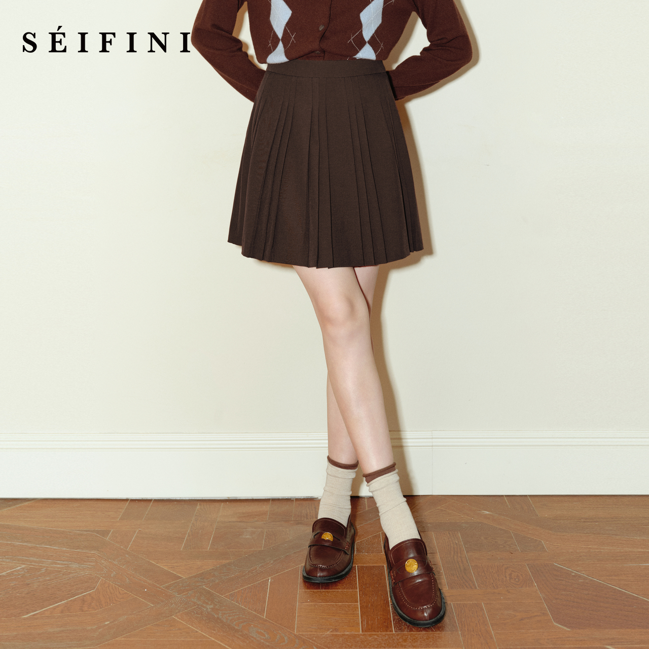 【孟子义同款】诗凡黎Miu系不规则百褶裙25秋冬咖色A字百搭短裙