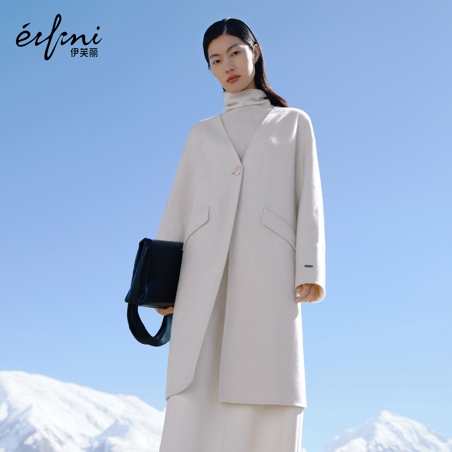【白月光】伊芙丽outlets店无领白色毛呢外套中长款大衣秋冬女