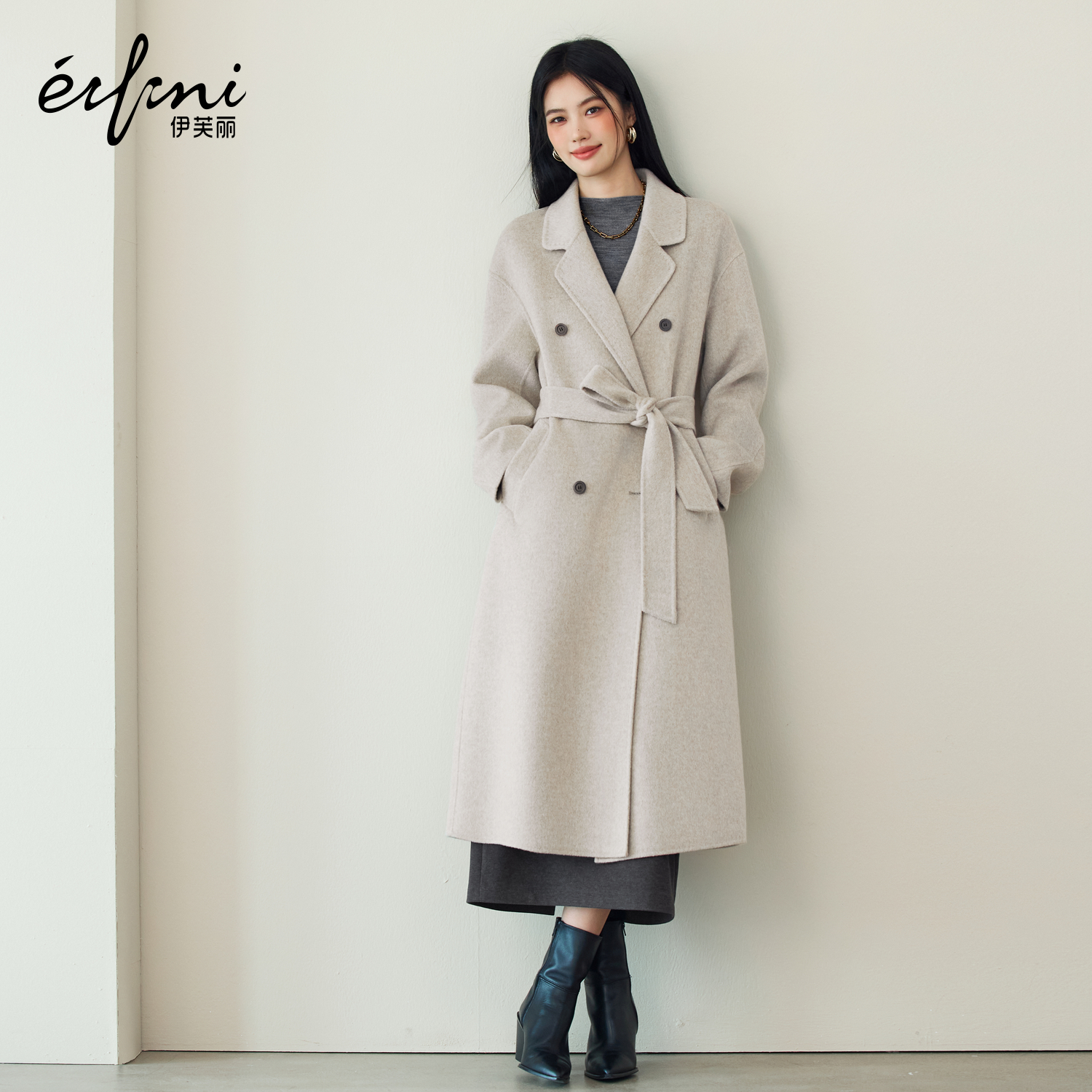 蒋欣代言伊芙丽驼绒蚕丝定制散毛染微阔毛呢外套2025秋季新款