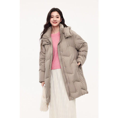 诗凡黎90鸭绒连帽羽绒服灰色秋冬保暖厚外套女伊芙丽outlets店
