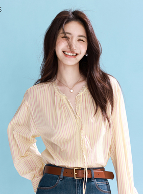 伊芙丽黄色条纹领口拼蕾丝系带衬衫女2025春季新款开叉设计小上衣