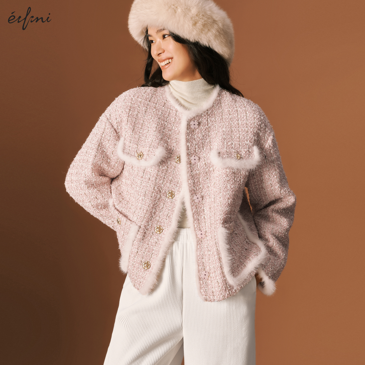 伊芙丽outlets店小香风貂毛拼接白月光粉色粗花呢短外套秋冬女