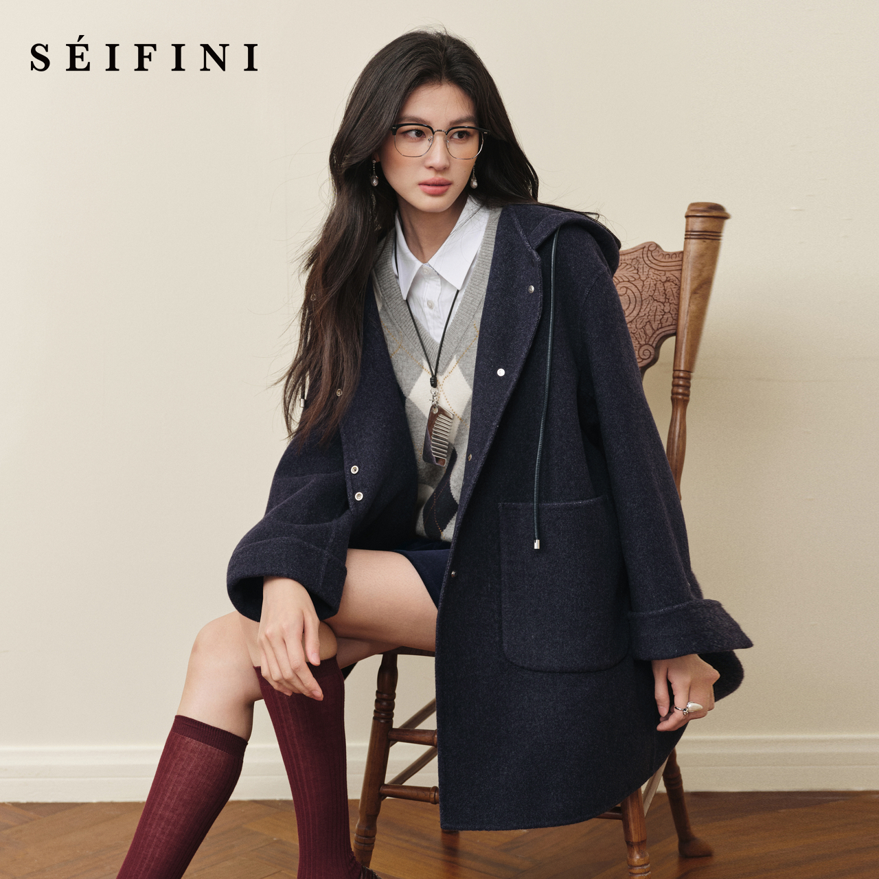 诗凡黎学院风绵羊毛双面呢大衣2025秋冬新款复古宽松中长款外套女