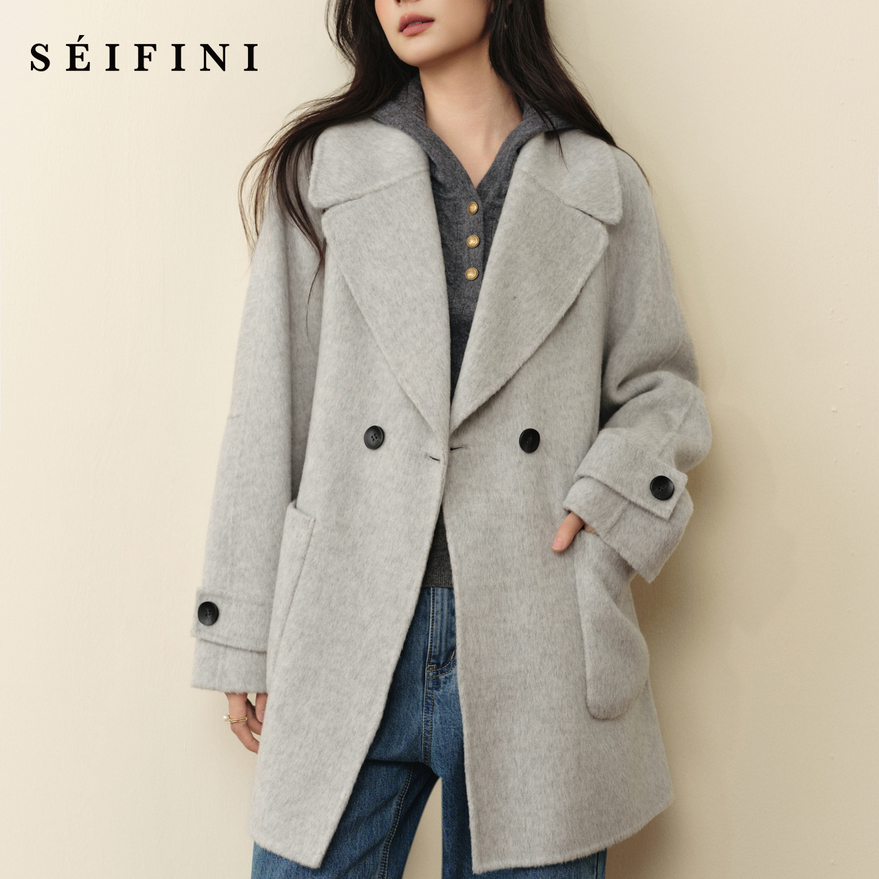 诗凡黎100羊毛浅灰气质毛呢外套2025秋冬新款慵懒通勤双面呢大衣