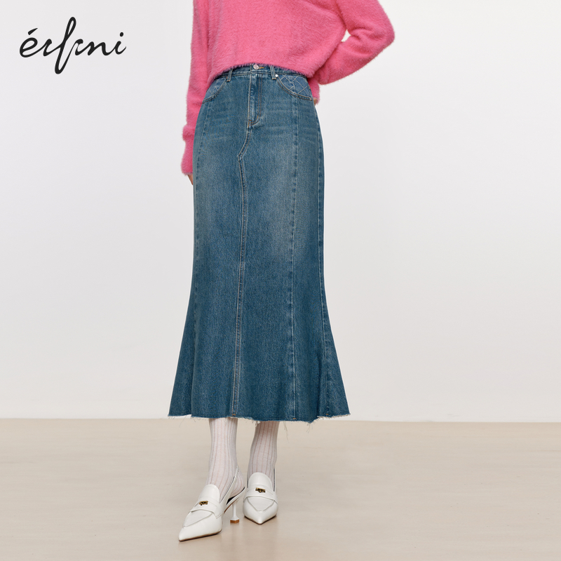 伊芙丽outlets店蓝色复古水洗休闲牛仔鱼尾半身裙春夏长裙女裙