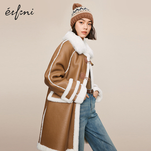 伊芙丽outlets店浅棕色美拉德长款 机车风PU皮羊毛拼接毛毛外套女