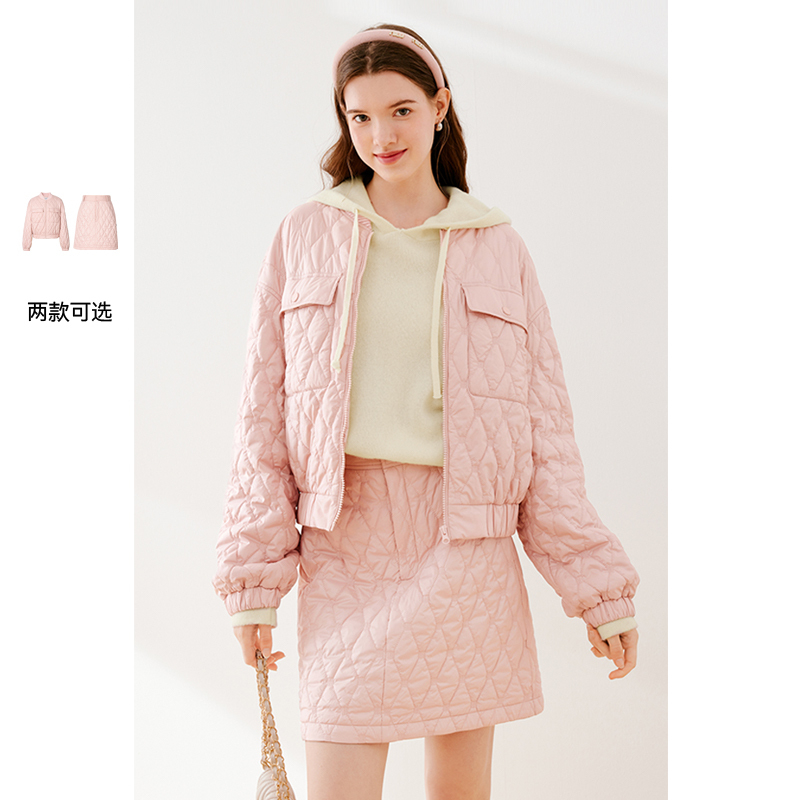 诗凡黎粉色小香风绗棉短外套2023年冬新款流行漂亮上衣显瘦半裙女