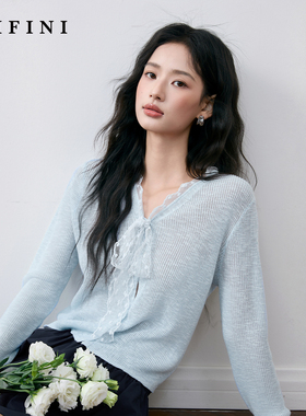 诗凡黎淡人蓝色蕾丝绑带V领坑条针织开衫夏上衣女伊芙丽outlets店