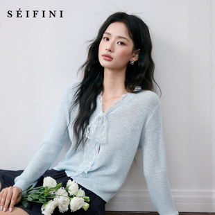 诗凡黎淡人蓝色蕾丝绑带V领坑条针织开衫 夏上衣女伊芙丽outlets店