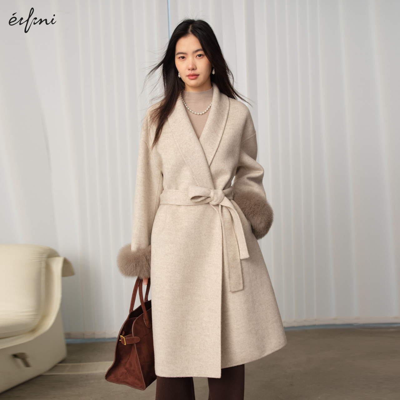 伊芙丽outlets店全羊毛袖口可脱卸装腰带短款双面呢大衣毛呢外套