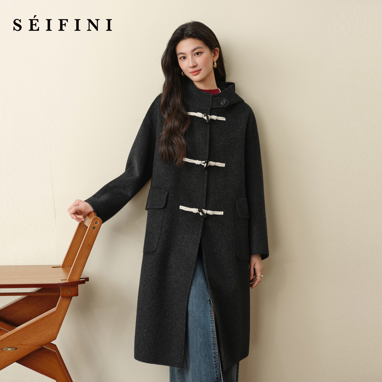 诗凡黎含山羊绒学院风长款大衣2025秋冬新款气质牛角扣双面呢外套