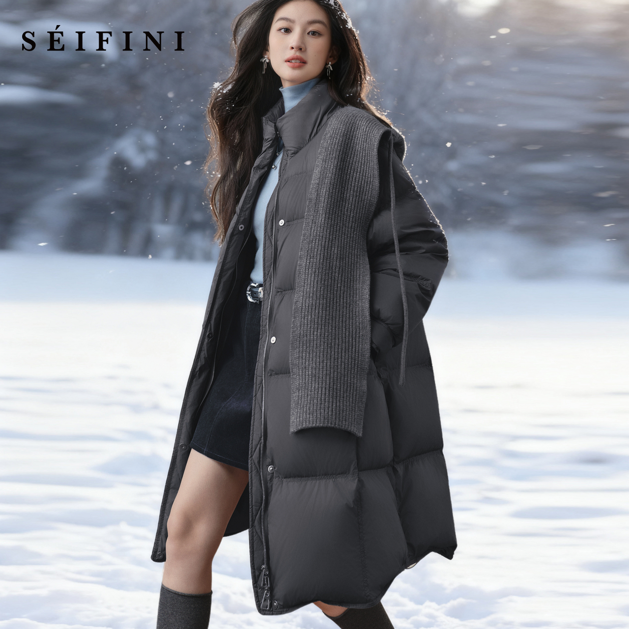 诗凡黎连帽披肩长款羽绒服2025冬新款可拆卸帽子加厚保暖立领外套