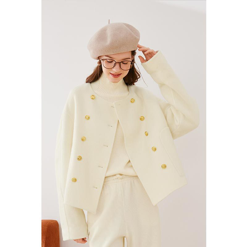 诗凡黎小香风双排扣毛呢外套2023冬新款赫本千金风双面呢短款大衣
