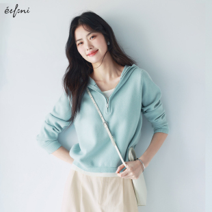 春秋卫衣女 伊芙丽outlets店羊毛混纺连帽拉链假两件套头针织衫