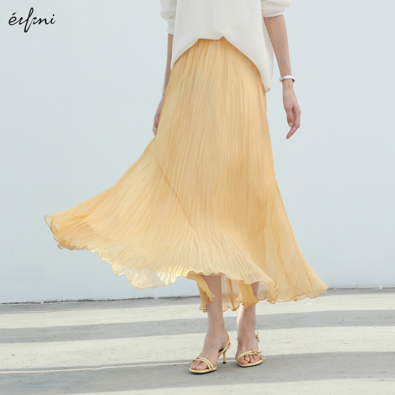 伊芙丽2025夏季新款女装高级压褶小A摆长半裙春季流行穿搭长裙