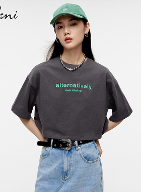 伊芙丽outlets店白色字母立体绣花街头辣妹T恤春夏宽松短袖上衣女