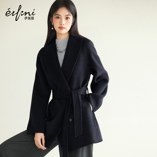 伊芙丽100%高支羊毛浴袍短款 大翻领赫本风毛呢外套2025冬新款
