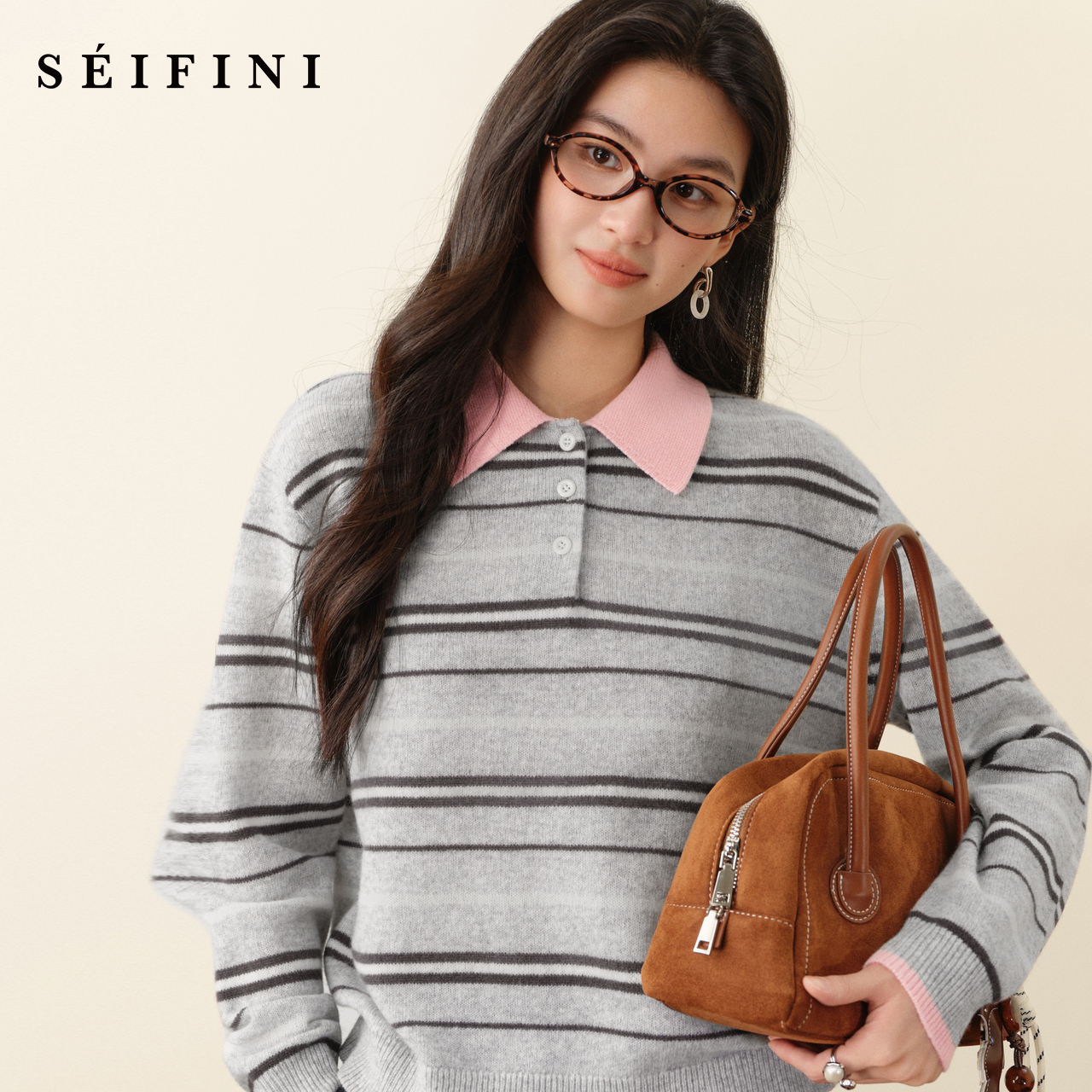 诗凡黎撞色条纹Polo领针织衫2025秋冬新款学院风高智韩系慵懒上衣