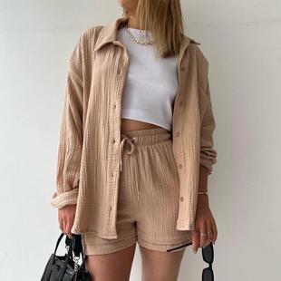 Cloth High Sleeve Shirt Long Waist Womens Drawstring Lapel