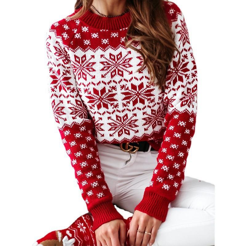 sleeve Christmas style long sweater snowflake Womens