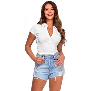 lapel color top collar short shirt sexy sleeve POLO Solid