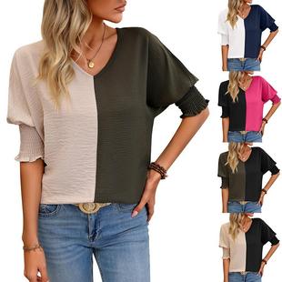 loose top block Womens color bat neck sleeves