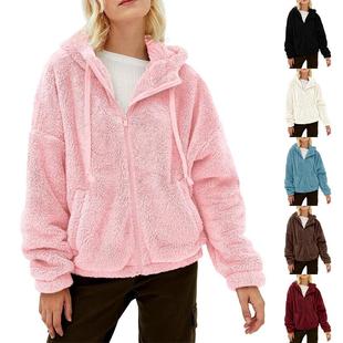 Hooded Loose Pocket Plush Womens Jacket Zipper Casual