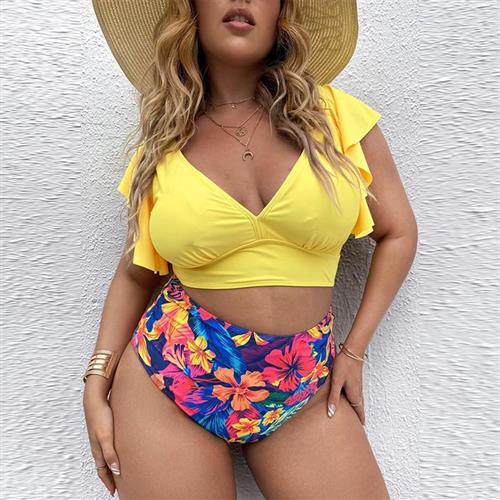 Fat woman plus size split bikini gathered ruffled high