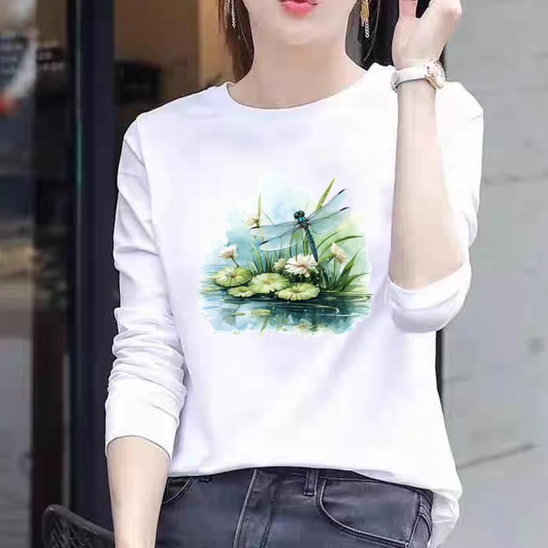 女士荷花花卉显瘦收腰春秋季冬甜美ins时尚印花上衣长袖圆领T恤