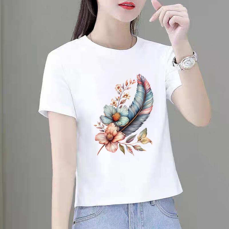 夏季韩版圆领休闲新款短袖印花ins洋气羽毛可爱打底衫女时尚T恤