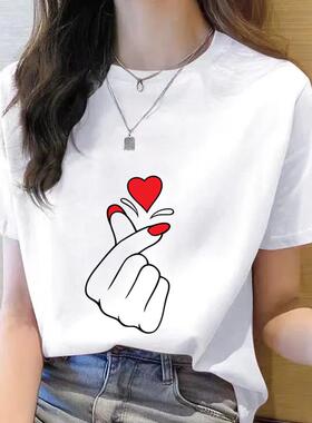 网红爆款新款短袖洋气女韩版卡通爱心圆领时尚休闲薄款印花insT恤