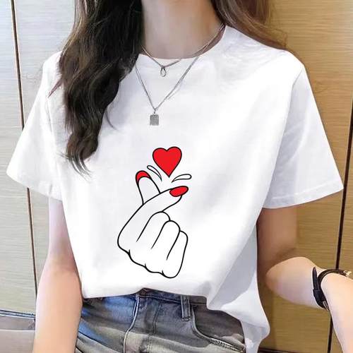 网红爆款新款短袖洋气女韩版卡通爱心圆领时尚休闲薄款印花insT恤