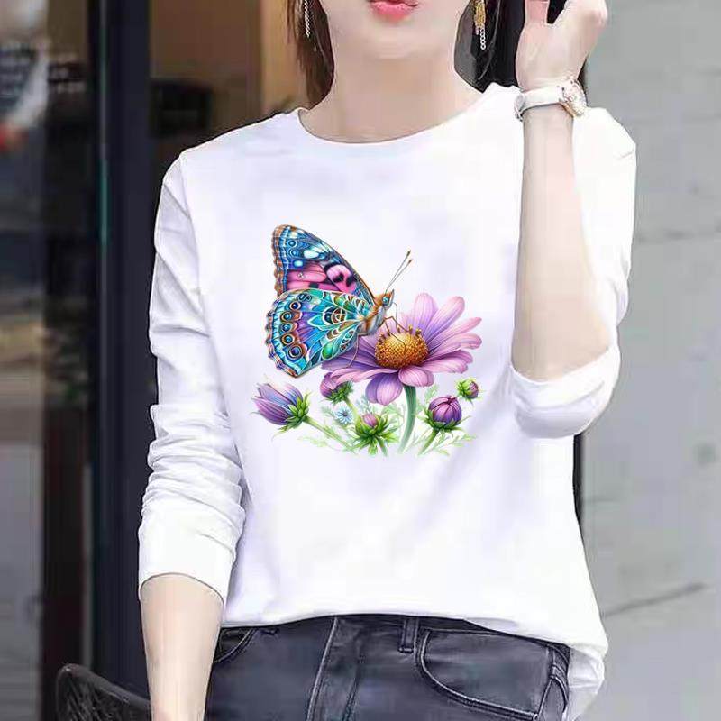蝴蝶花朵圆领休闲秋冬春季打底衫上衣花卉女外穿通勤印花长袖T恤