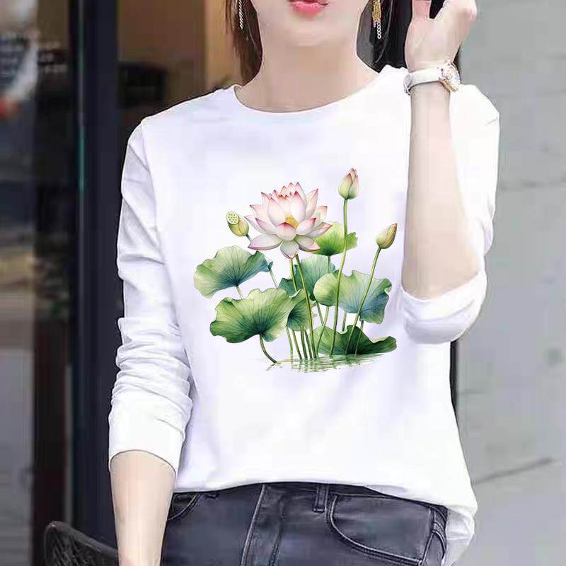 上衣花卉女荷花可爱印花圆领T恤