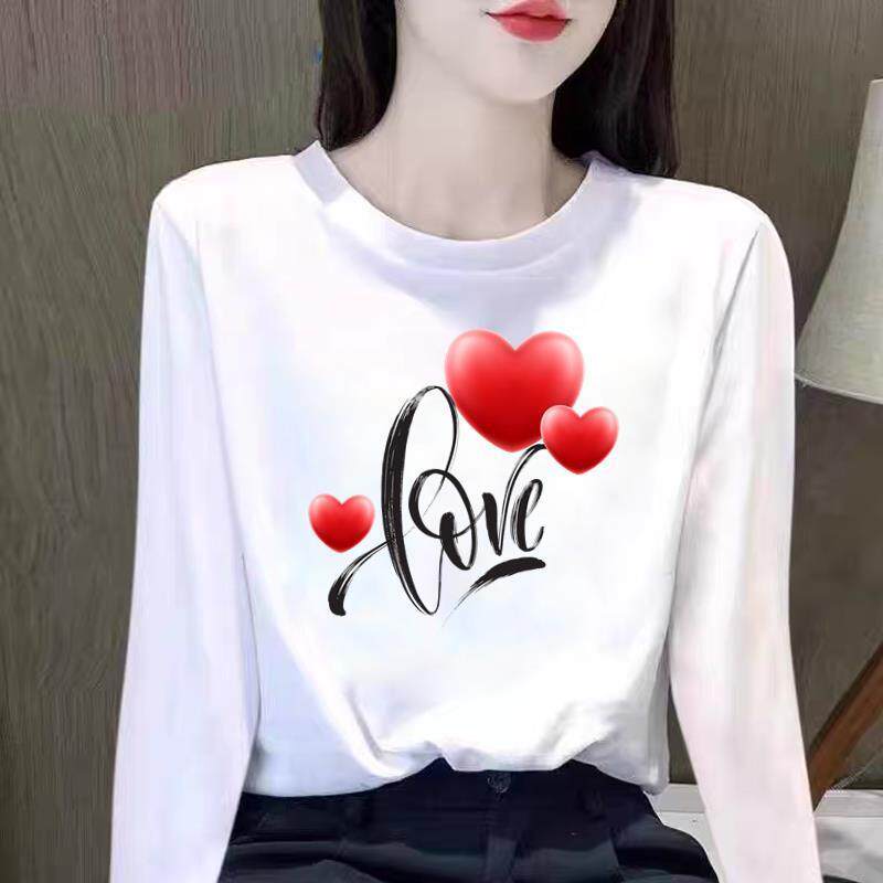 上衣爱心卡通女外穿通勤印花圆领休闲秋冬春季打底衫长袖T恤